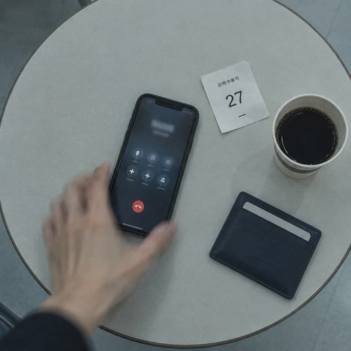 テーブルに置いたスマートフォンで通話を終える手と、コーヒー