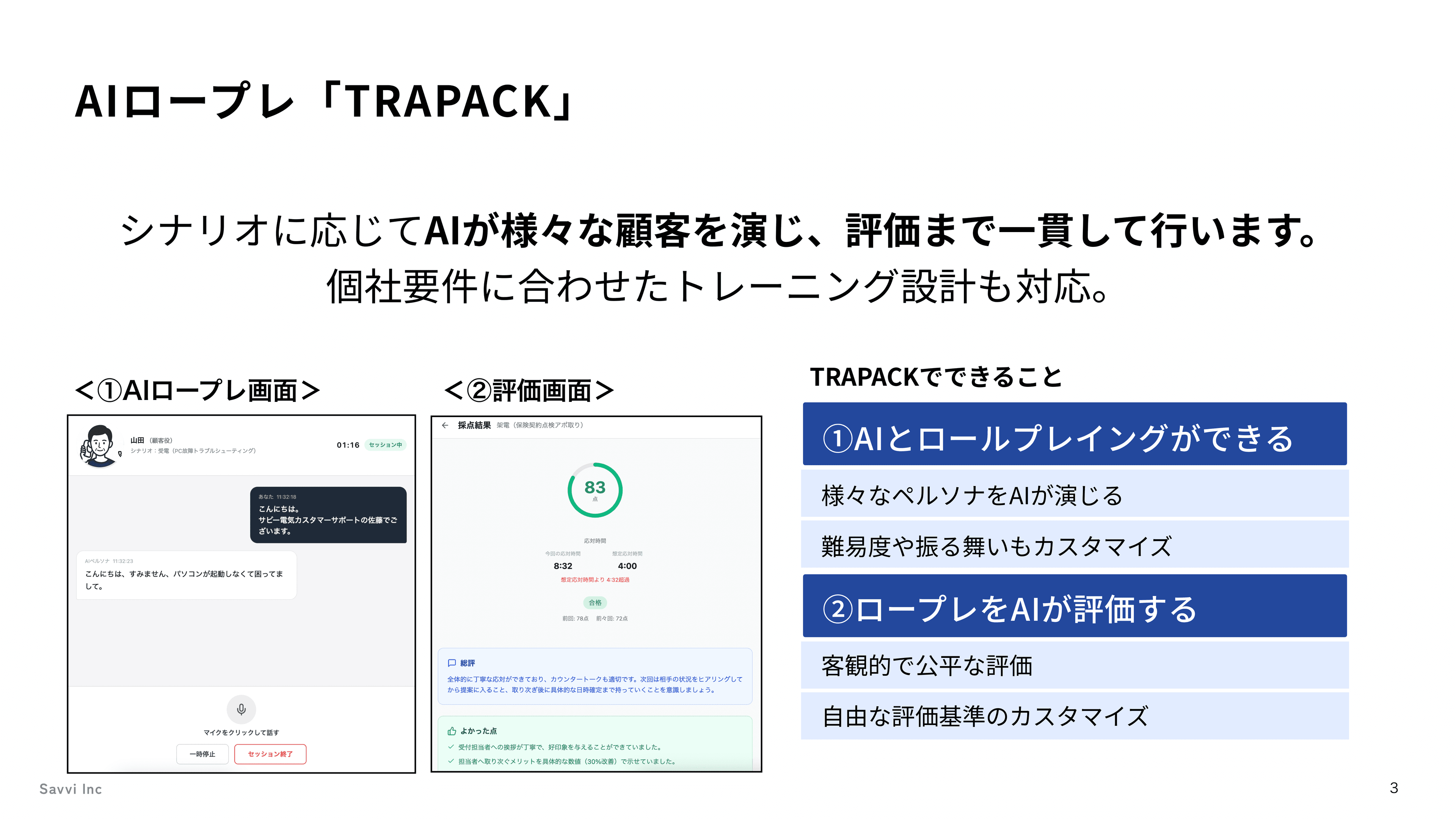AIロープレ TRAPACK — AIが顧客を演じ、評価まで一貫して行う
